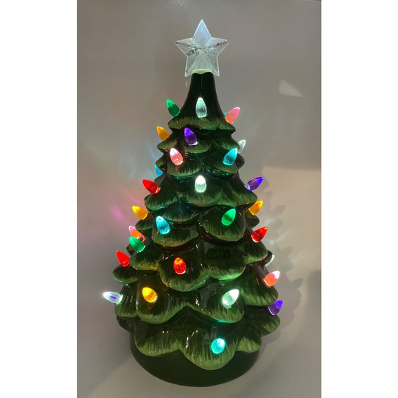 Vintage Lighted Tabletop Ceramic Christmas Tree -Battery Operated 14" Tall - Picture 2 of 9